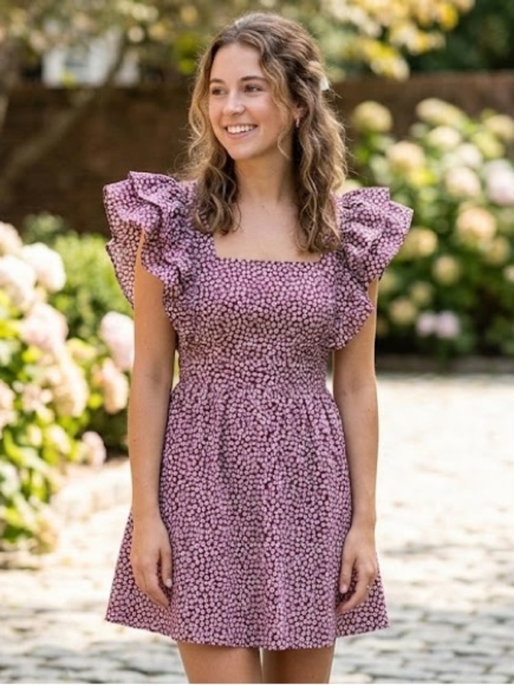 Floral Pink Ruffle-Sleeve Square-Neck Dress